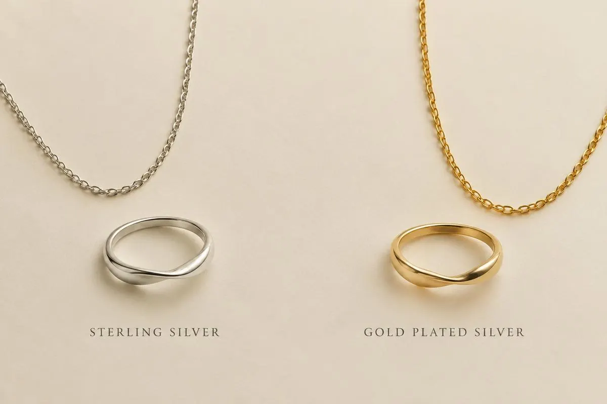 Ring og halskæde i sterlingsølv ved siden af samme design i forgyldt sølv