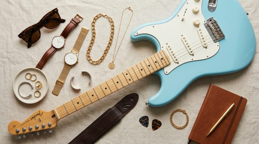 Modern flatlay composition featuring an electric guitar with