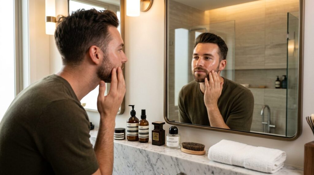 Close-up photorealistic shot of a stylish man in his 20s-30s