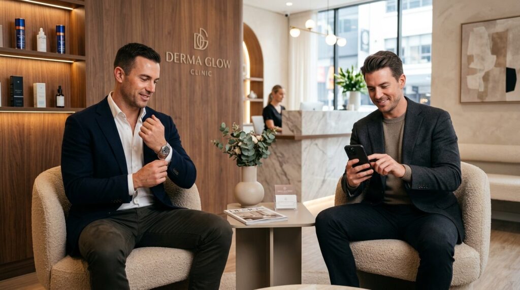 Photorealistic image of two well-dressed men in a modern ski