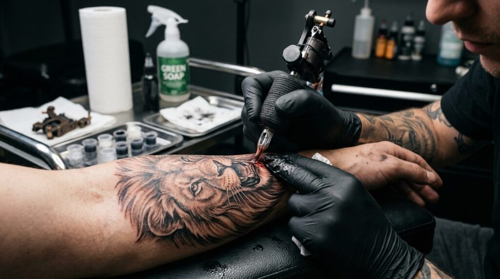 Detailed macro photography of a skilled tattoo artists hand