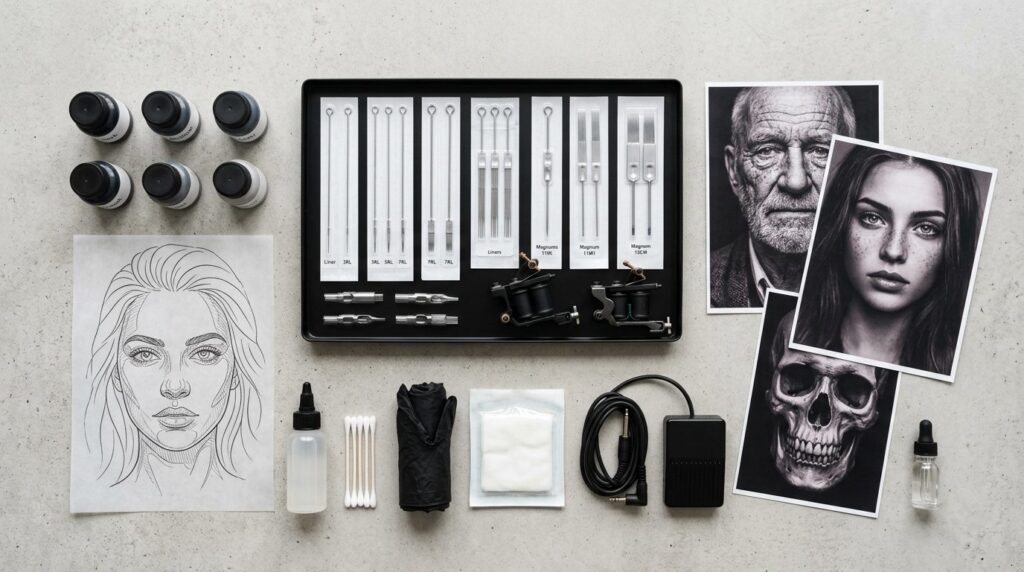 Overhead flat lay composition of professional tattoo artist