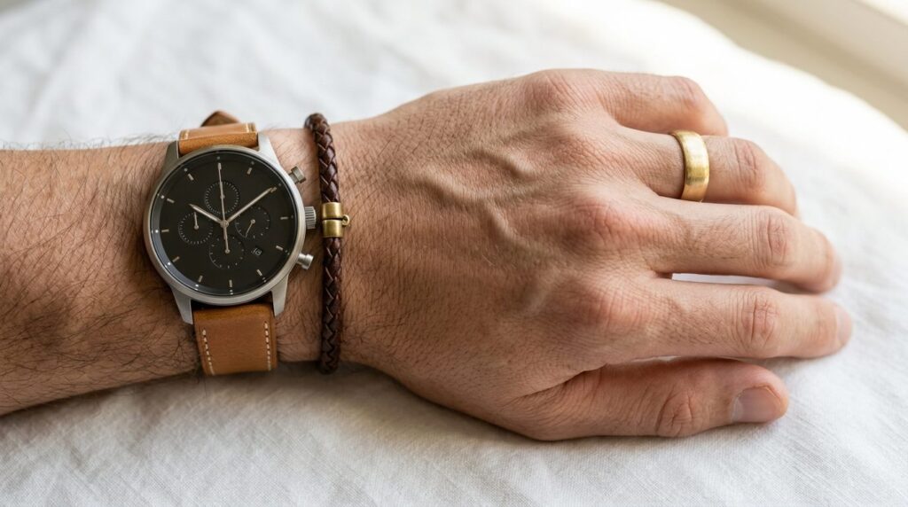 Close-up shot of a mans hand and wrist wearing a combinatio