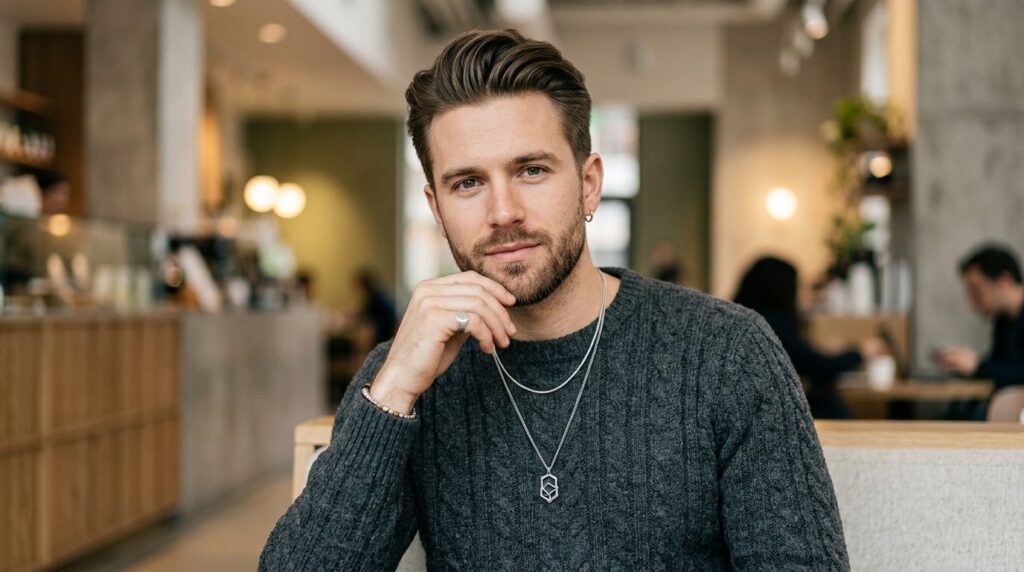 Portrait of a stylish man in his late 20s wearing layered ne