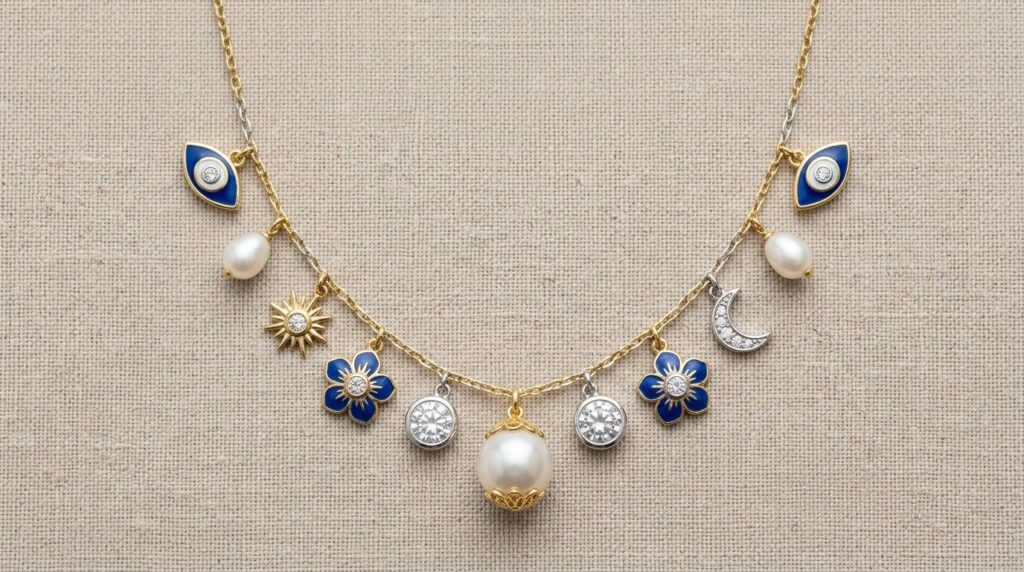 Close-up flat lay photography of a luxury charm necklace on 