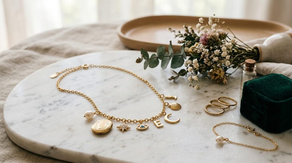 Styled jewelry lifestyle photograph of a charm necklace drap