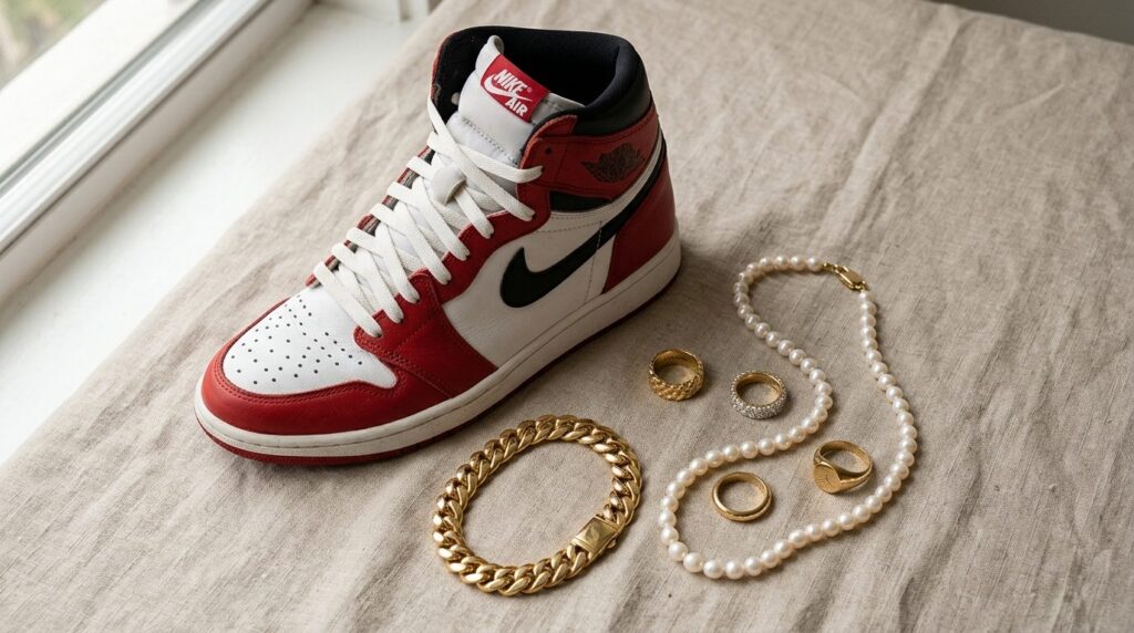 Close-up flat lay photography of Air Jordan 1 High sneaker p