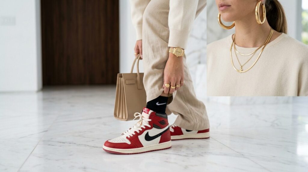 Fashion lifestyle shot of person wearing Air Jordan 1 High H