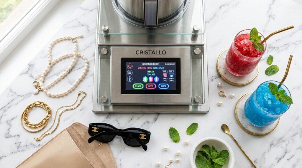 Overhead flat lay composition of a modern slush ice machine 