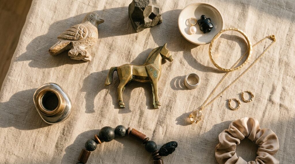 Flat lay composition of carved stone and metal decorative fi